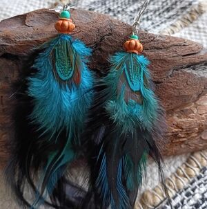 Hand Crafted Teal and Black Feather Earrings